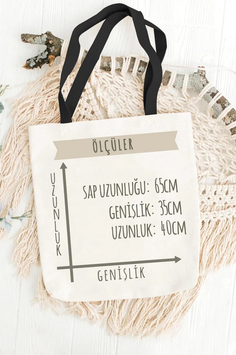 Çınar Bez Çanta Çınar Cloth Bag Black Handled Cream Canvas Wahlenbergia Printed Cloth Bag