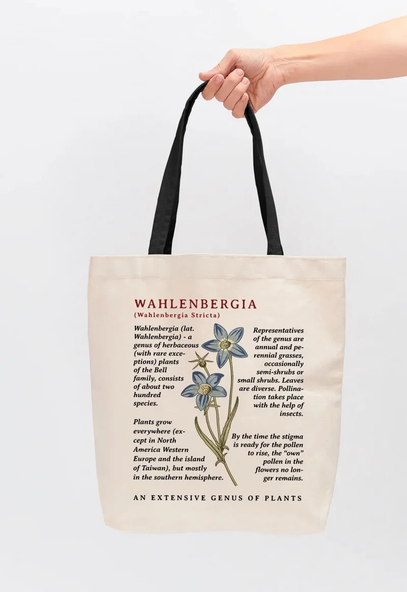 Çınar Bez Çanta Çınar Cloth Bag Black Handled Cream Canvas Wahlenbergia Printed Cloth Bag