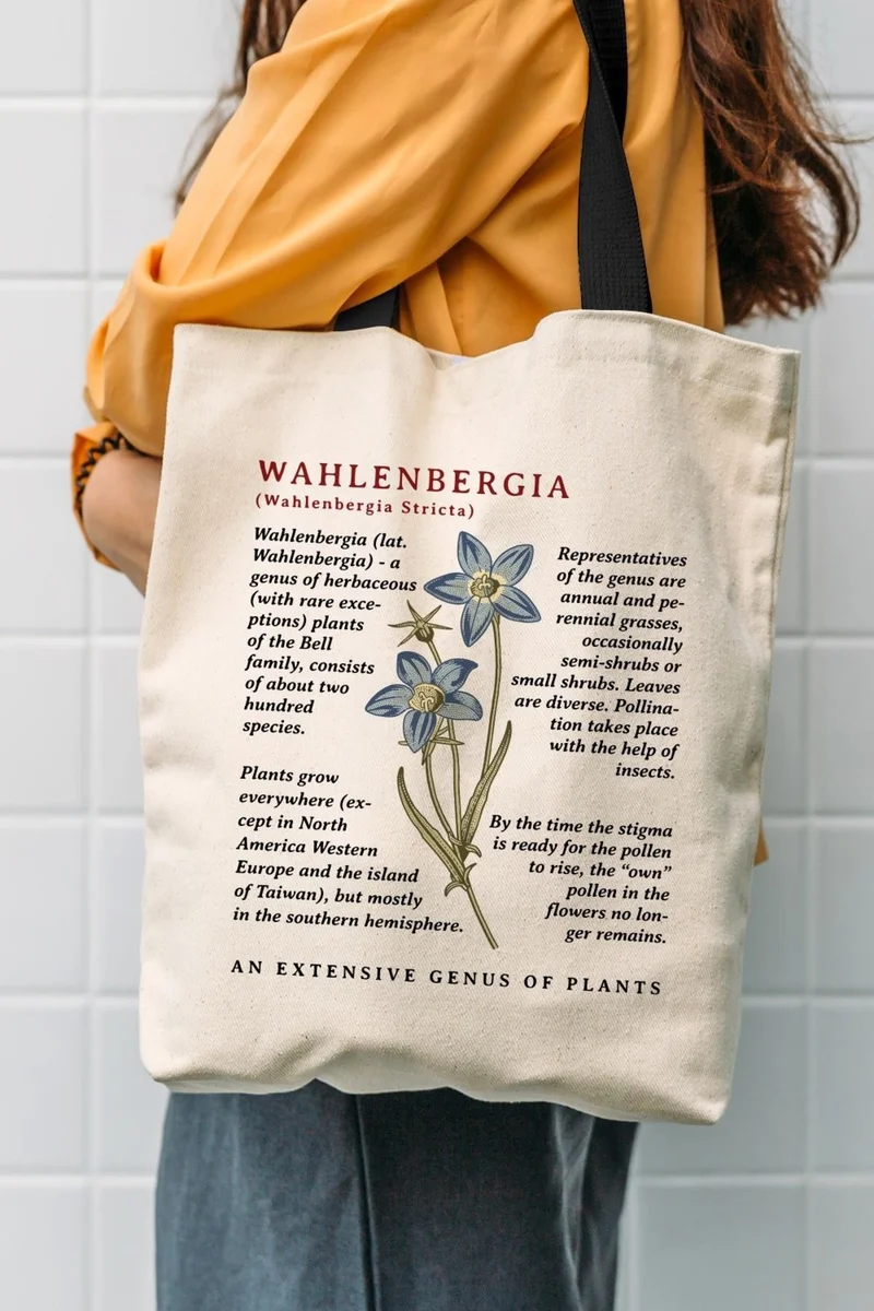 Çınar Bez Çanta Çınar Cloth Bag Black Handled Cream Canvas Wahlenbergia Printed Cloth Bag
