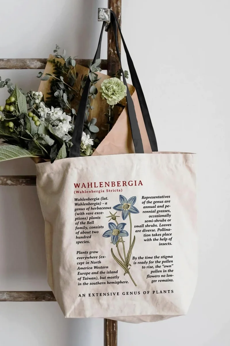 Çınar Bez Çanta Çınar Cloth Bag Black Handled Cream Canvas Wahlenbergia Printed Cloth Bag
