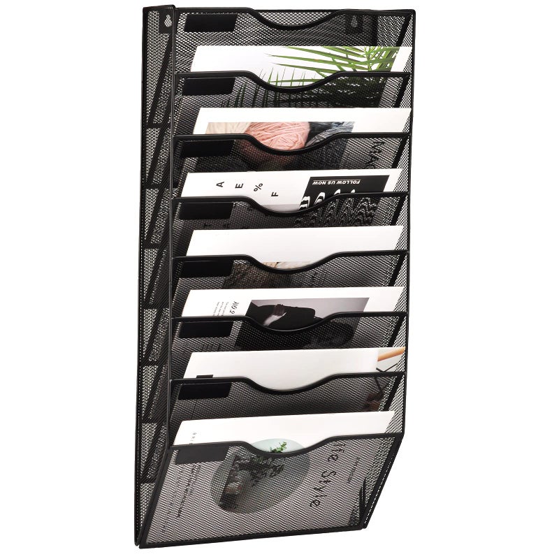 EASEPRES 8 Pocket Mesh Hanging Wall File Organizer Wall Mounted Mail Paper Document Folder Holder Clipboard Storage Organization Magazine Rack with Nametag Label for Office Home School Black