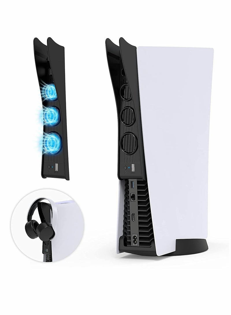 PS5 Cooling Fan with 3 Quiet Fans & Extra USB Port - 2-in-1 Set with Headset Holder for PlayStation 5 - Image 1
