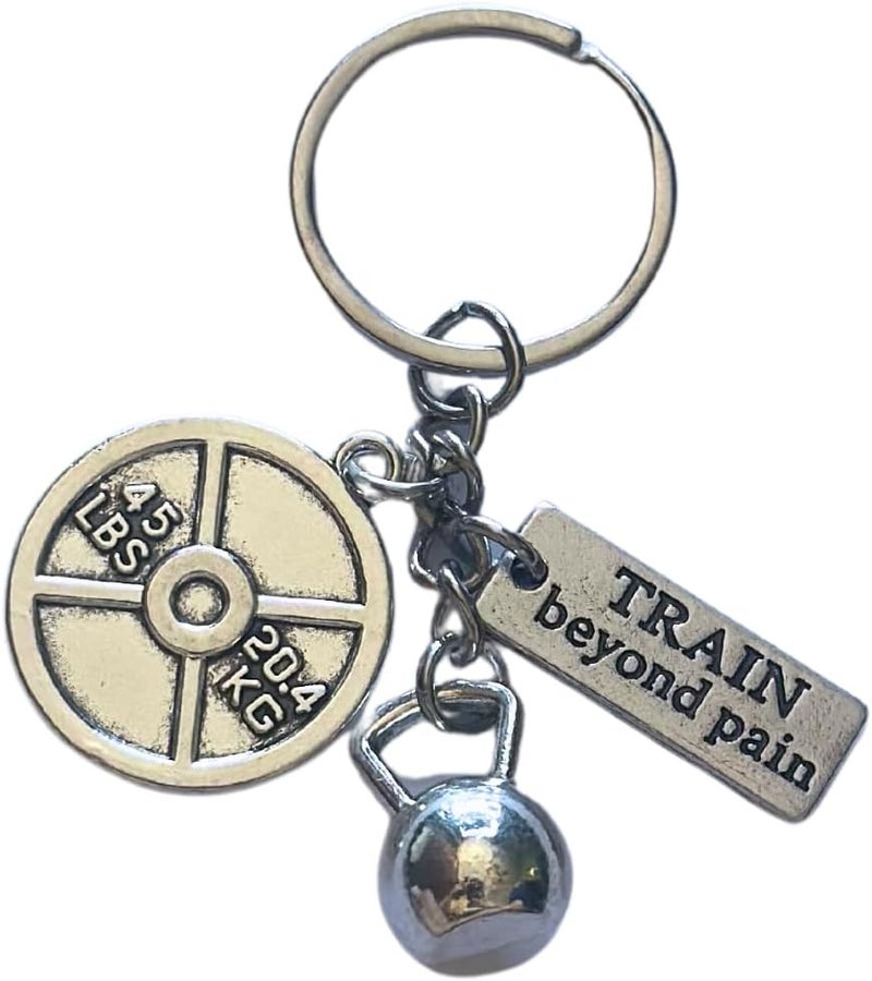 FKC Kettlebell & 45 Lbs Weightlifting Plate Silver Keychain & Motivational Tag - Image 1