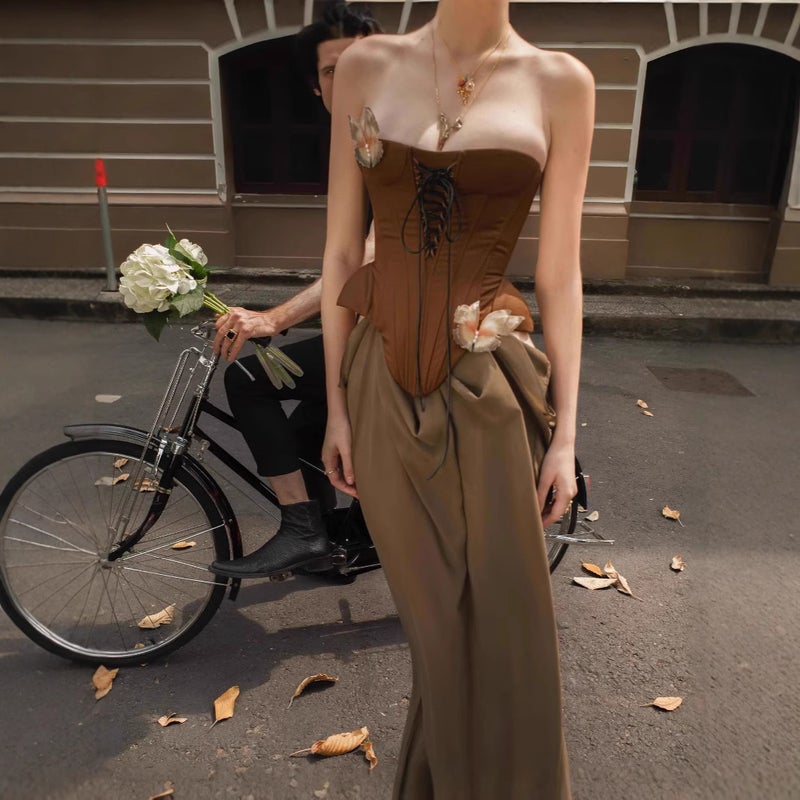 Women's Vintage Coffee Brown Strapless Spliced Backless Long Dress - Image 2