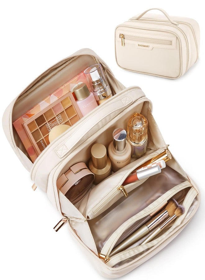 BAGSMART Travel Makeup Bag, Make Up Bag with Multiple Compartments for Organizer, Durable & Compact Cosmetic Organizer for Women for Travel Accessories (Beige) - Image 1