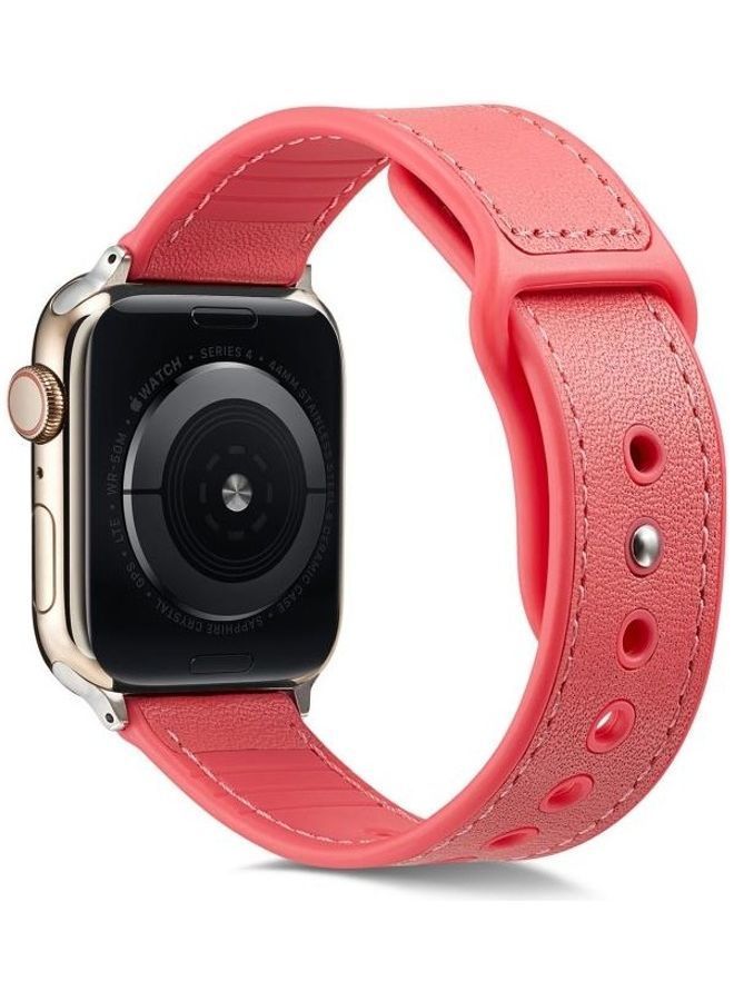 NIBEMINENT Single Buckle TPU and Genuine Leather Watchband for Apple Watch Series 7/6/SE/5/4/3/2/1 42/44/45mm Rose Red - Image 1