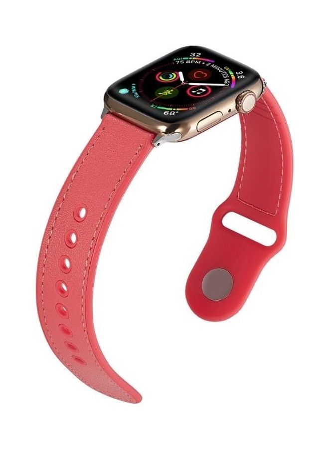 NIBEMINENT Single Buckle TPU and Genuine Leather Watchband for Apple Watch Series 7/6/SE/5/4/3/2/1 42/44/45mm Rose Red - Image 5