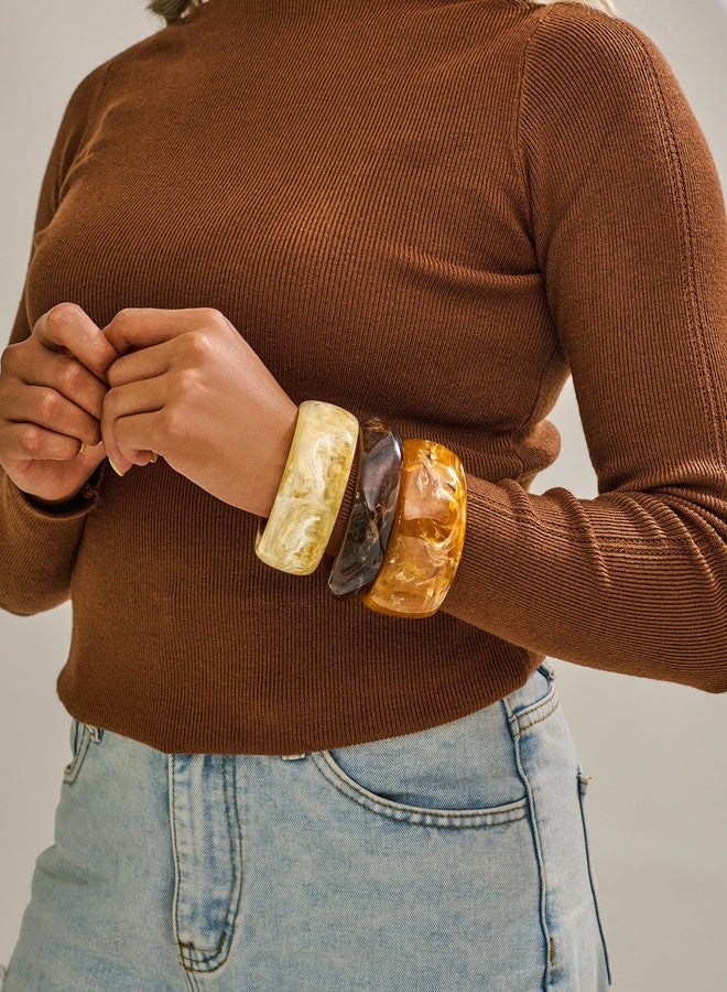 WOWORAMA 3pcs Chunky Acrylic Bangle Bracelets Set for Women Brown Stackable Acetate Resin Bangles Stack Bold Statement Chunky Bracelet Irregular Plastic Bracelets - Image 3