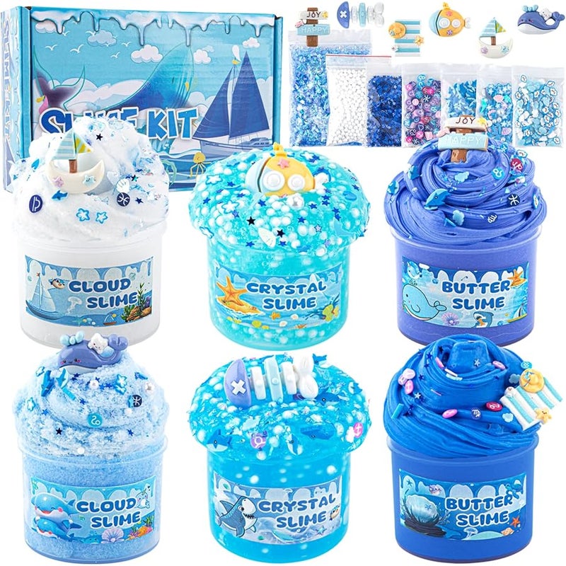 LAWOHO 6 Pack Slimes, Blue Slime Kit, Butter Cloud Slime for Boys Girls Ages 8-12,Toys for Girls and Boys, Slime Party Favors Goodie Bag Stuffers, 4 5 6 7 8 9 10 Year Old Girl Birthday Gift Cute Stuff - Image 1
