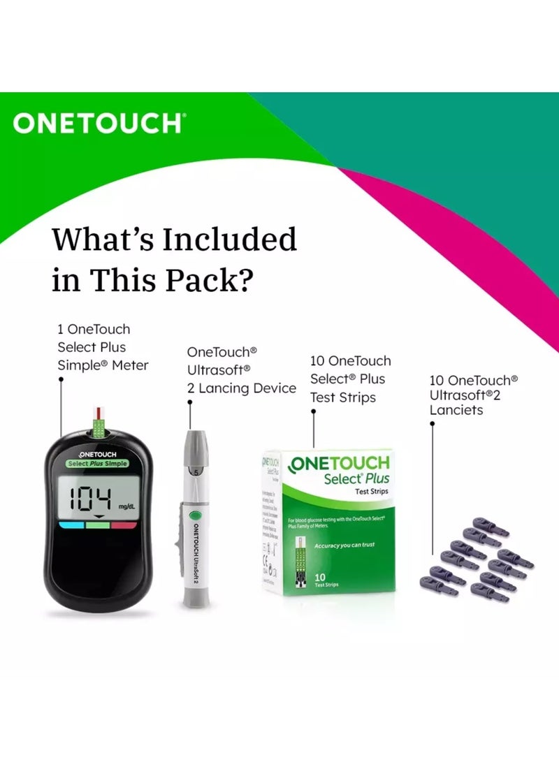 ONETOUCH Select Plus Simple Glucometer Machine | Simple & Accurate Testing Of Blood Sugar Levels At Home | Free 10 Test Strips + 10 Sterile Lancets + 1 Lancing Device - Image 2