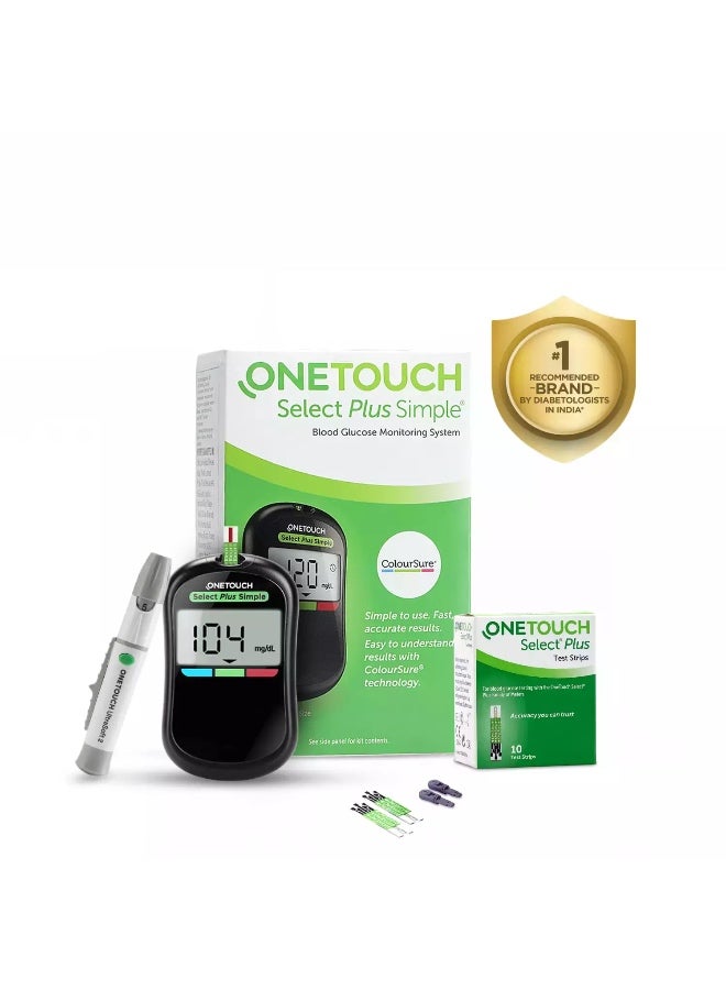 ONETOUCH Select Plus Simple Glucometer Machine | Simple & Accurate Testing Of Blood Sugar Levels At Home | Free 10 Test Strips + 10 Sterile Lancets + 1 Lancing Device - Image 1