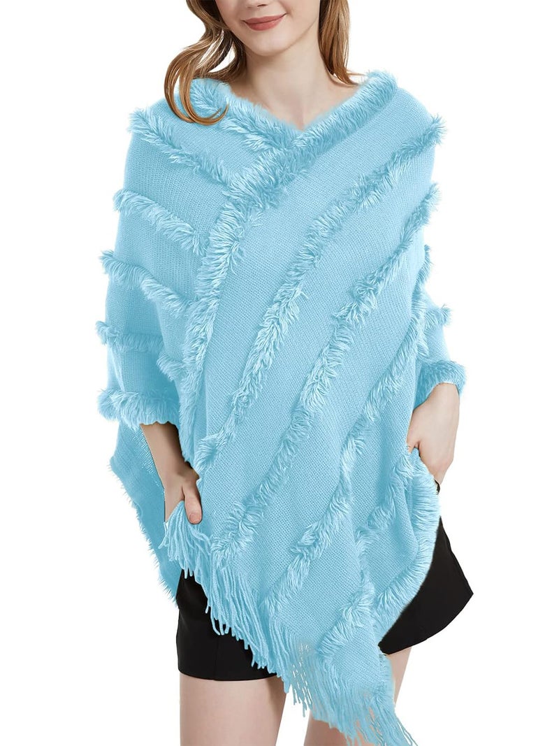 Bold N Elegant بولد إن إيليغانت - معطف بونشو صوفي دافئ بغطاء رأس شتوي مع شراشيب من الفراء على الحافة وغطاء للرأس للنساء (IN, ألفا, مقاس حر, أزرق فاتح) - Image 2