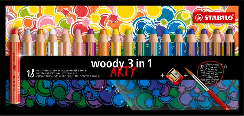 STABILO Multi-Talented Pencil woody 3 in 1 ARTY - Pack of 18 - Assorted Colors with Sharpener and Paint Brush - Image 1