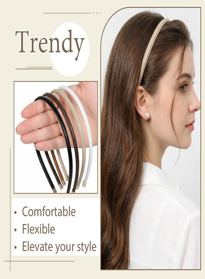 Jeffdad جيفداد 5 قطع من عصابات الرأس الجلدية الرقيقة للنساء، عصرية ومريحة، لا تسبب الصداع، عصابات رأس مانعة للانزلاق، إكسسوارات شعر (بيج/بني/أسود/أبيض/بني داكن) - Image 3