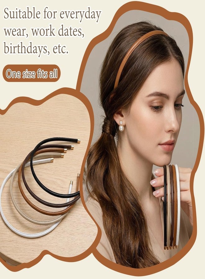 Jeffdad جيفداد 5 قطع من عصابات الرأس الجلدية الرقيقة للنساء، عصرية ومريحة، لا تسبب الصداع، عصابات رأس مانعة للانزلاق، إكسسوارات شعر (بيج/بني/أسود/أبيض/بني داكن) - Image 4