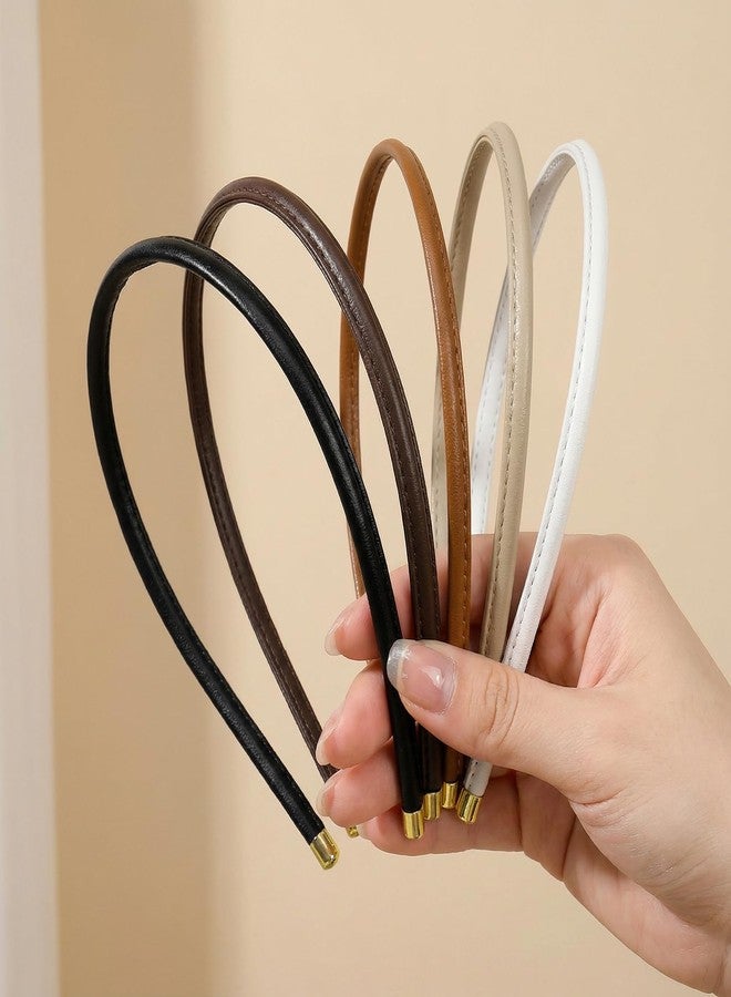 Jeffdad جيفداد 5 قطع من عصابات الرأس الجلدية الرقيقة للنساء، عصرية ومريحة، لا تسبب الصداع، عصابات رأس مانعة للانزلاق، إكسسوارات شعر (بيج/بني/أسود/أبيض/بني داكن) - Image 1