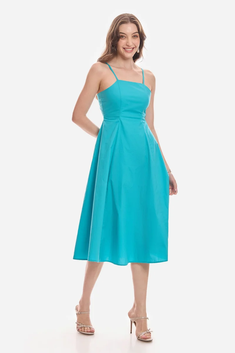Virgio  Solid Cotton Strappy Flared Midi Dress for Women for Women | Best Price UAE