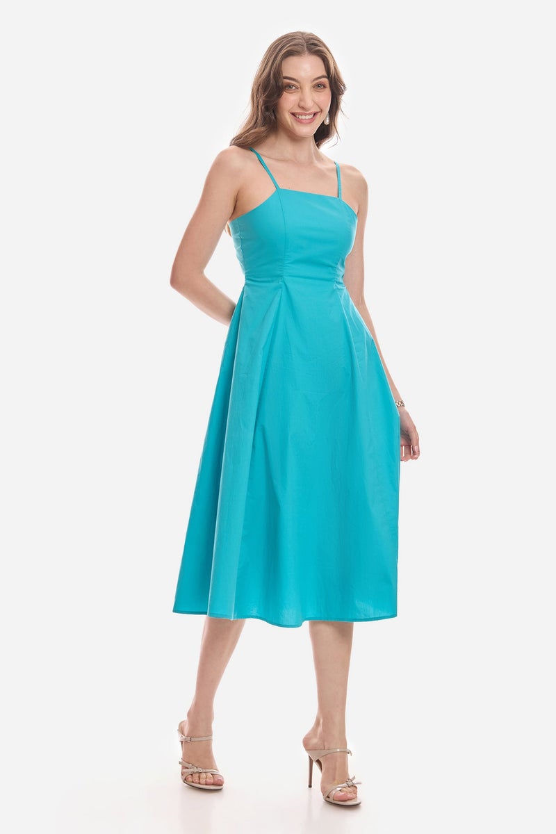 Virgio Solid Cotton Strappy Flared Midi Dress for Women - Image 3