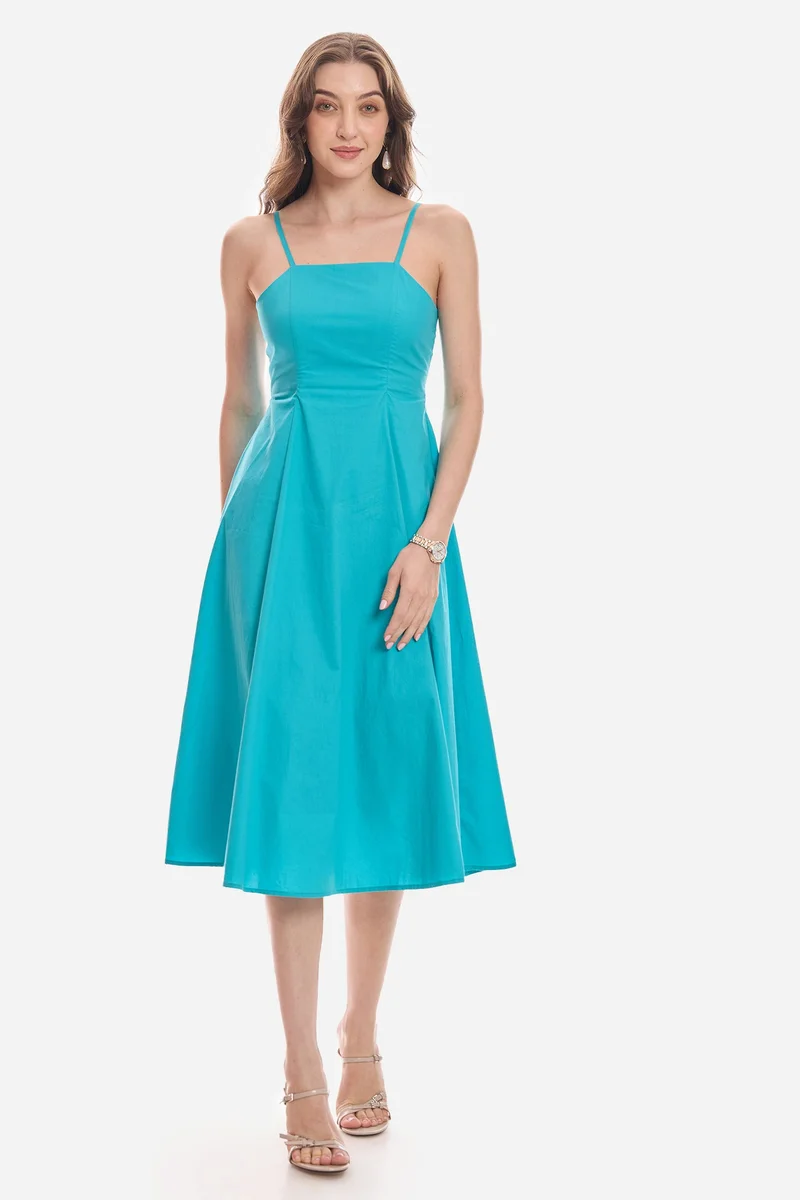 فيرجيو Solid Cotton Strappy Flared Midi Dress for Women