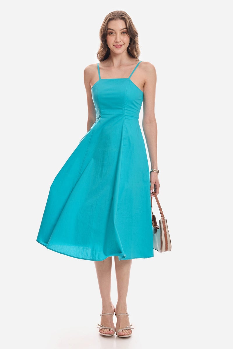 Virgio Solid Cotton Strappy Flared Midi Dress for Women - Image 1