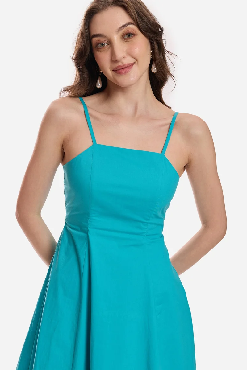 Virgio  Solid Cotton Strappy Flared Midi Dress for Women for Women | Best Price UAE