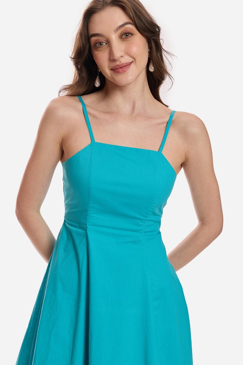 Virgio Solid Cotton Strappy Flared Midi Dress for Women - Image 5