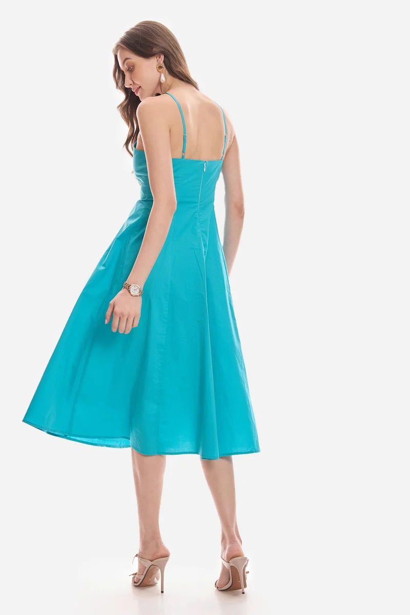 Virgio  Solid Cotton Strappy Flared Midi Dress for Women for Women | Best Price UAE