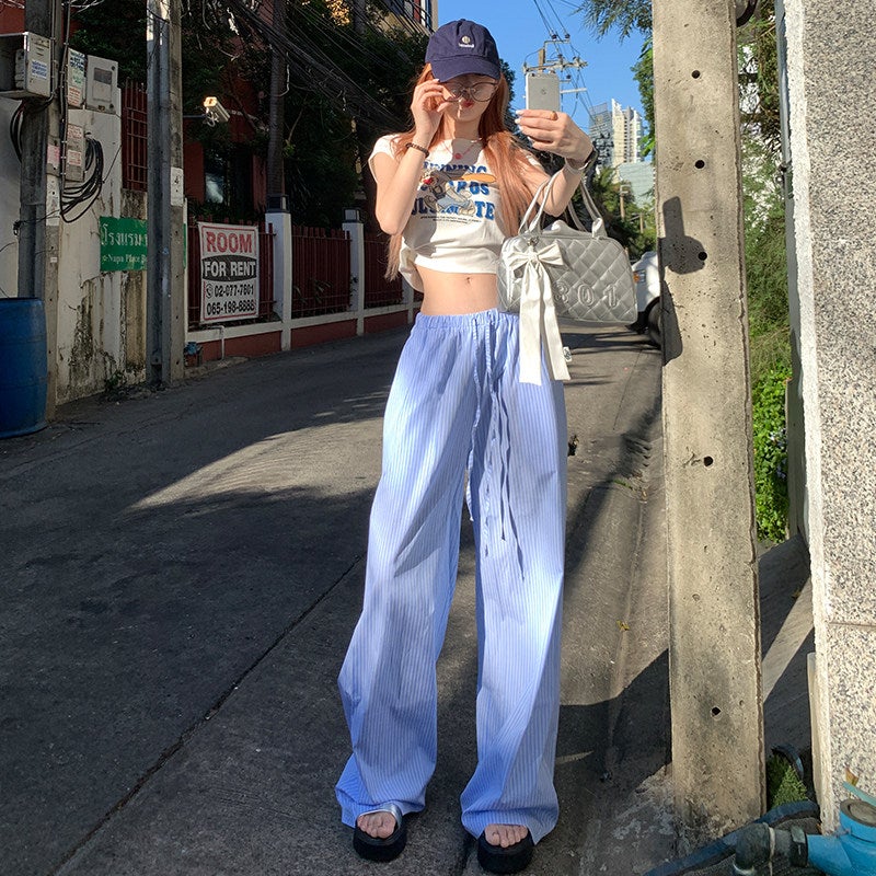 AIG blue striped casual pants for children in summer, thin and relaxed, lazy and slimming straight-leg drawstring floor-length pants - Image 1
