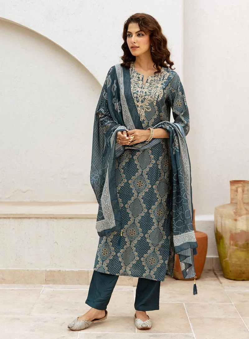 ISHIN  Women's Green Modal Muslin Printed Tunic Full Length Casual Straight Fit Kurta Set for Women | Best Price UAE