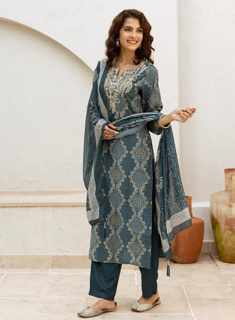 ISHIN  Women's Green Modal Muslin Printed Tunic Full Length Casual Straight Fit Kurta Set for Women | Best Price UAE