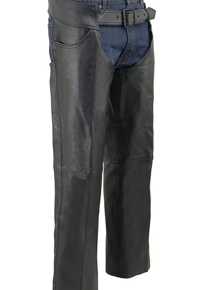 Milwaukee Leather Men's Classic Black Braided Jean Style Leather Chaps, 2XS - Image 1