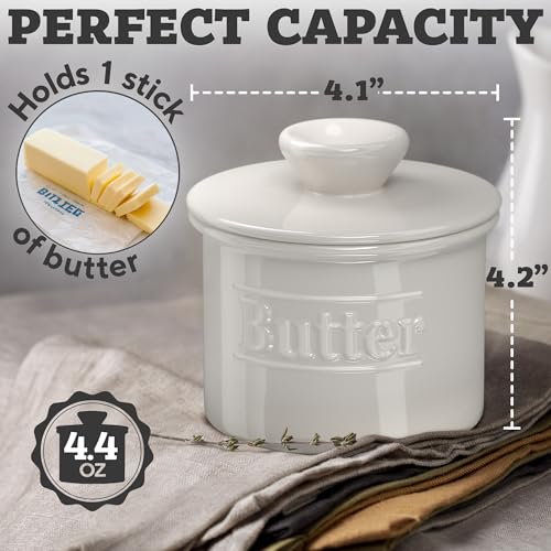 Benicci Premium Butter Crock with Lid - Original Design French Butter Dish - Beautiful Ceramic Butter Keeper for Counter with Water Line - Perfect to Keep Butter Soft and Spreadable - White - Image 3