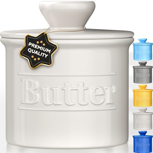 Benicci Premium Butter Crock with Lid - Original Design French Butter Dish - Beautiful Ceramic Butter Keeper for Counter with Water Line - Perfect to Keep Butter Soft and Spreadable - White - Image 1