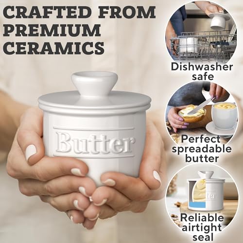 Benicci Premium Butter Crock with Lid - Original Design French Butter Dish - Beautiful Ceramic Butter Keeper for Counter with Water Line - Perfect to Keep Butter Soft and Spreadable - White - Image 5