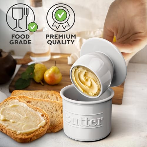 Benicci Premium Butter Crock with Lid - Original Design French Butter Dish - Beautiful Ceramic Butter Keeper for Counter with Water Line - Perfect to Keep Butter Soft and Spreadable - White - Image 2