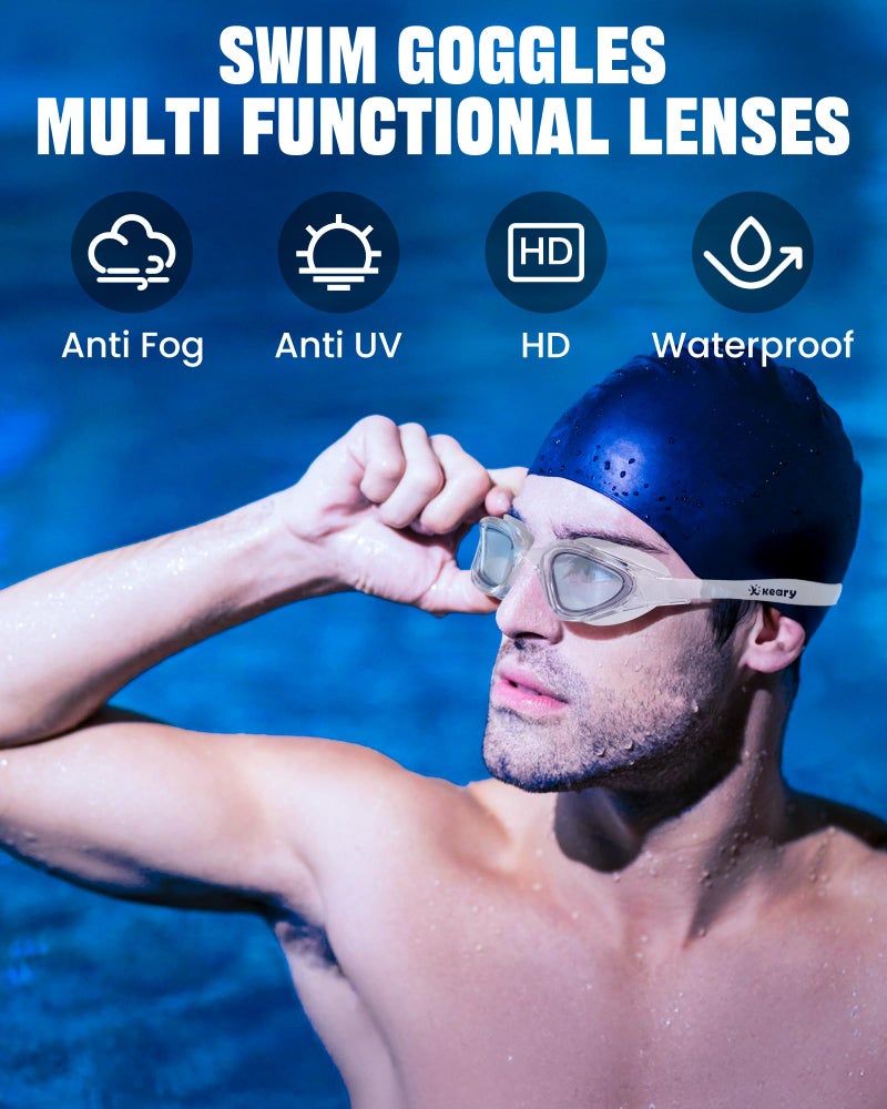 Keary Goggles Swimming Adult Swim Goggles for Men Women Swimming Youth Adults Anti-Fog Goggle Pool Open Water Glasses with Clip for Swim Waterproof UV Protection Clear Vision with Case, Grey - Image 2