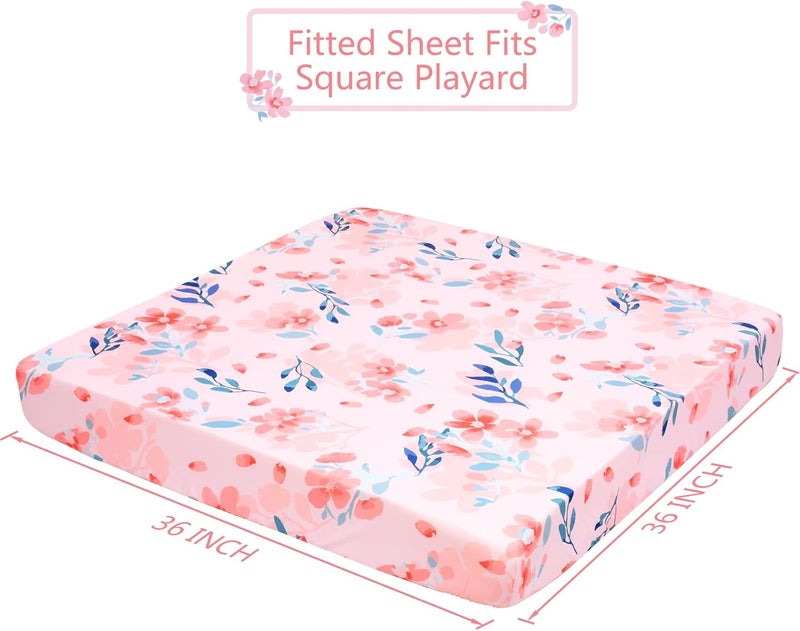 Square Playard/Playpen Fitted Sheets Perfect for 36 X 36 Portable Playard Mattresses - Square Pack and Play Crib Sheets - Ultra Soft Microfiber Floral Fitted Playpen Sheet for Baby Girls - Image 5