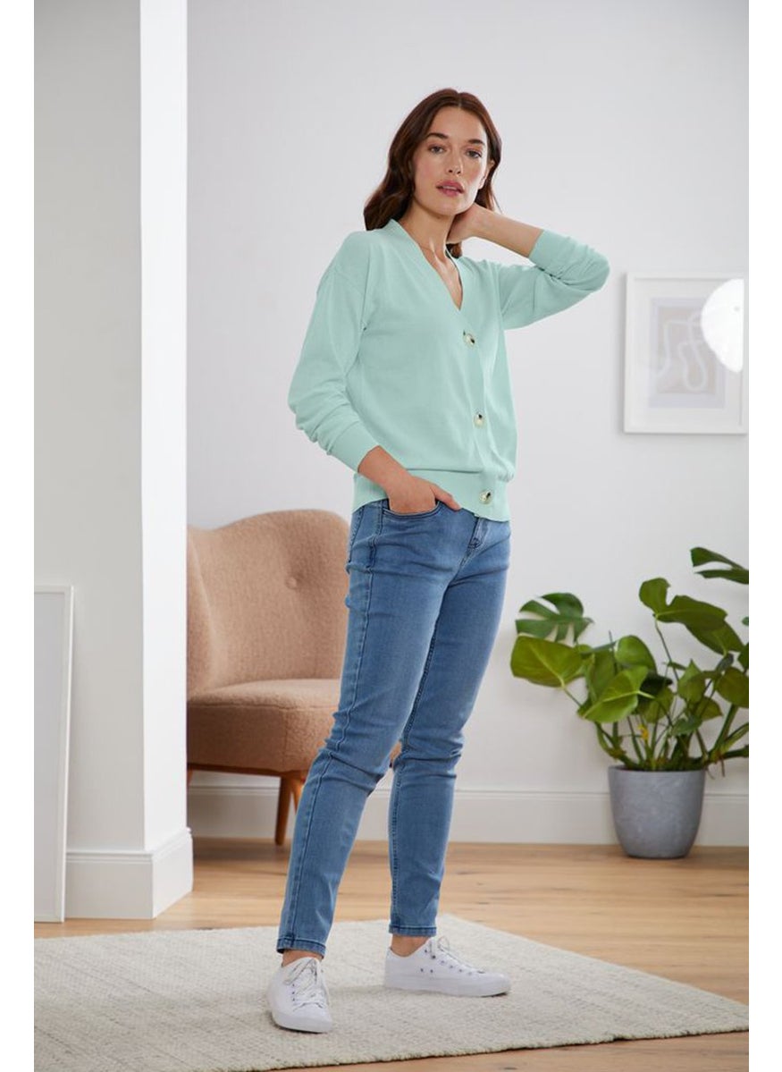 Tchibo Women V-neck Plain Long Sleeve Cardigan, Mint  - Image 1