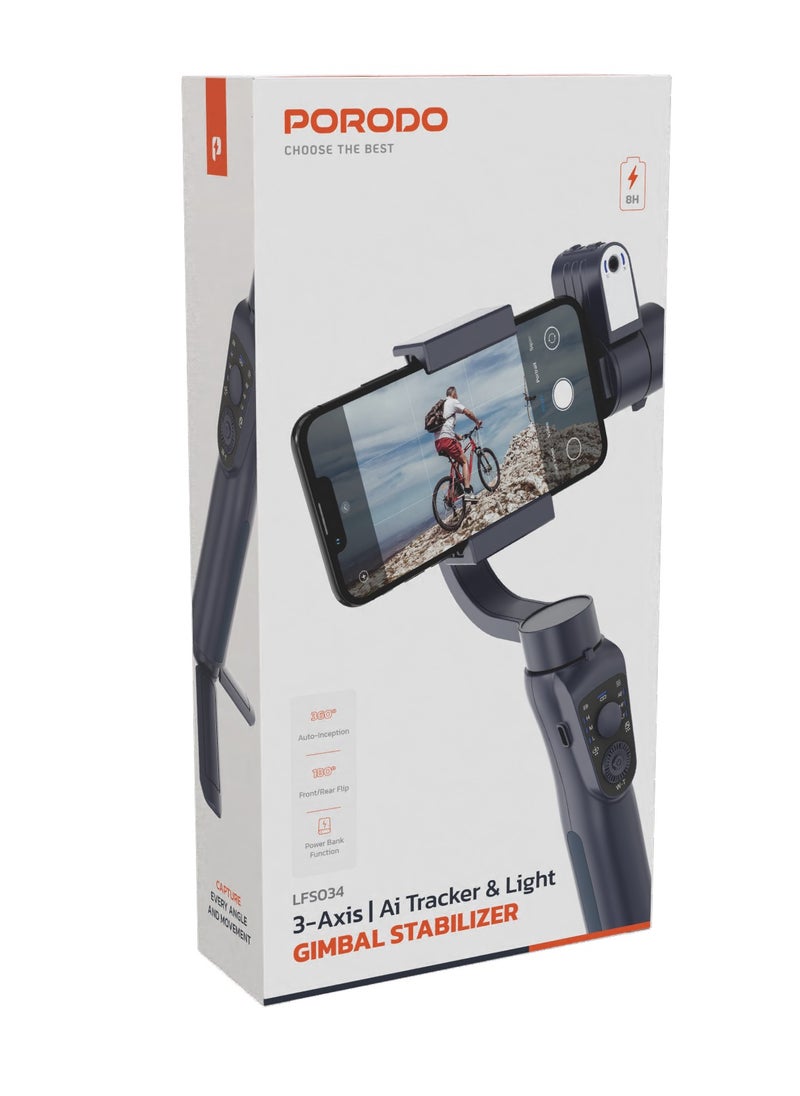 porodo 3-Axis Gimbals Stabilizers with Ai Tracker & Light / Power Bank Function / Object Tracking / Built-In Tripod / 360° Pan Angle - Black  - Image 4