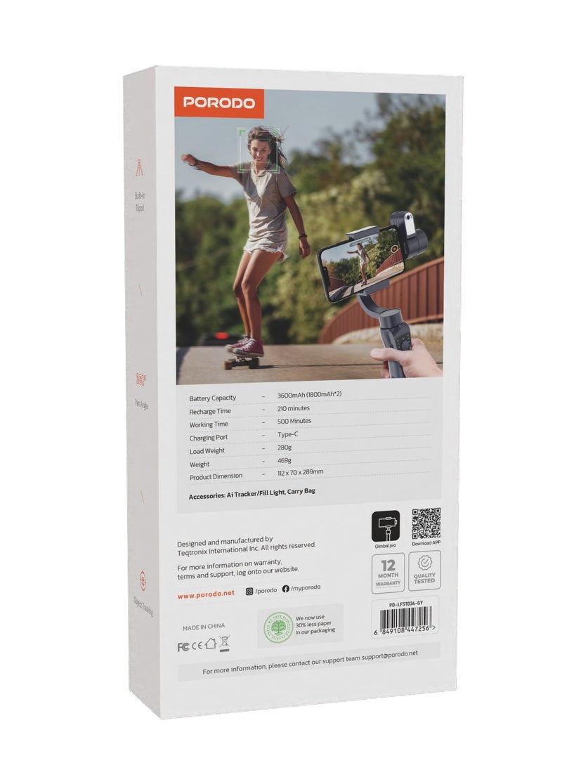 porodo 3-Axis Gimbals Stabilizers with Ai Tracker & Light / Power Bank Function / Object Tracking / Built-In Tripod / 360° Pan Angle - Black  - Image 5