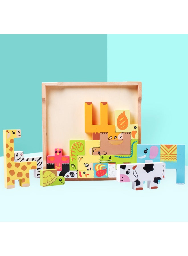 Children's Puzzle Tetris Intelligence Building Blocks Animal Three-dimensional Puzzle Wooden-Color:Large Russian Animal Building Blocks - Image 2