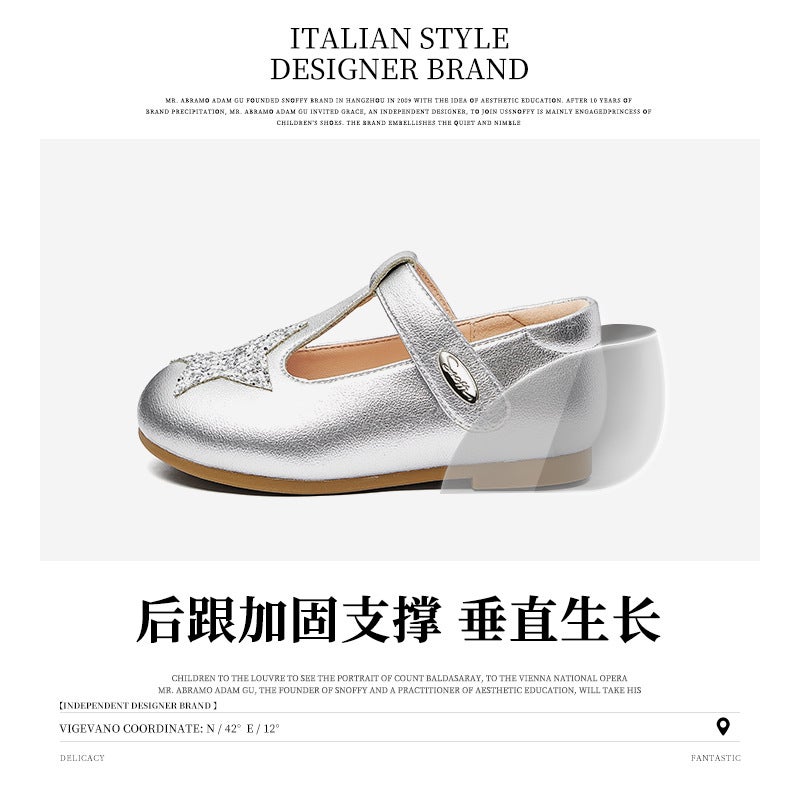 Snafi Girls' Leather Shoes 2024 Autumn New Silver Princess T-Shaped Soft Bottom Non-Slip Baby Shoes - Image 5