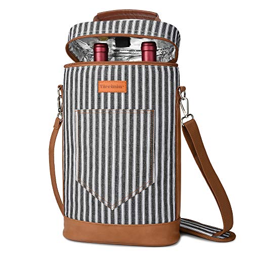 Tirrinia 2 Bottle Wine Gift Tote Carrier - Leakproof & Insulated Padded Versatile Wine Cooler Bag for Travel, BYOB Restaurant, Wine Tasting, Party, Dinner,Gift for Wine Lovers, Black Stripe - Image 1
