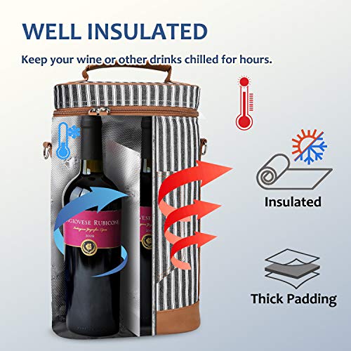 Tirrinia 2 Bottle Wine Gift Tote Carrier - Leakproof & Insulated Padded Versatile Wine Cooler Bag for Travel, BYOB Restaurant, Wine Tasting, Party, Dinner,Gift for Wine Lovers, Black Stripe - Image 2