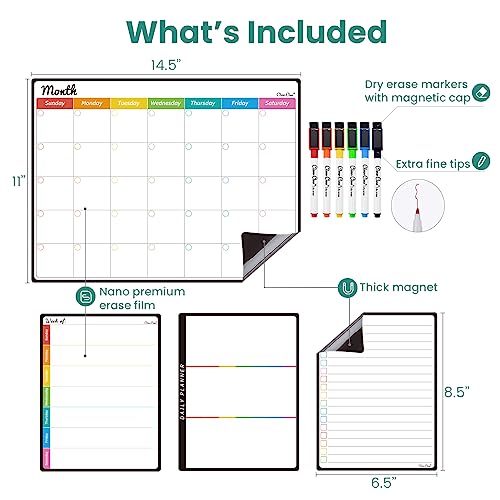 Clever Clean Magnetic Dry Erase Monthly Calendar Set - 14.5"x11" Monthly Calendar, 6.5"x8.5" Weekly, Daily, List Boards for Fridge - 6 Extra Fine Point Markers Included - Shipped Flat - Image 2