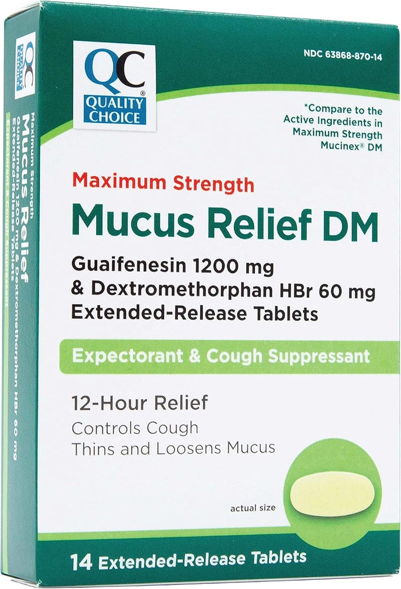 Quality Choice Maximum Strength Mucus Relief DM Cough Suppressant and Expectorant 12 Hour Relief Guaifenesin 1200 mg and Dextromethorphan HBr 60 mg Extended Release Tablets 14 Count - Image 2