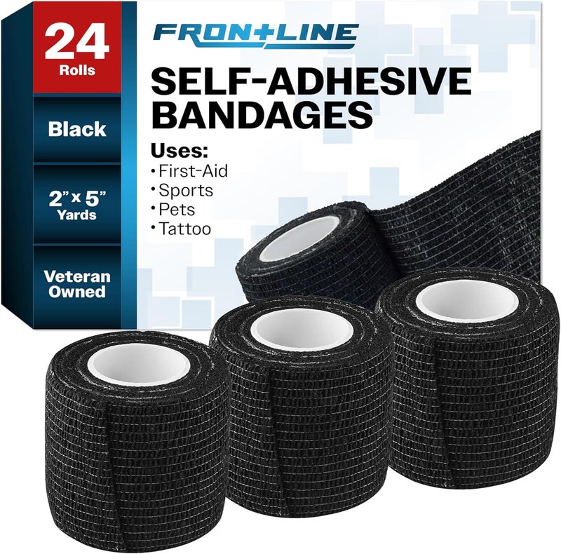 Frontline 24 Pack Self Adhesive Bandage Wrap 2" x 5 Yards Athletic Tape Vet Wrap Tattoo Supplies Coban Wrap Medical Supplies Elastic Cohesive Bandage Wrist Ankle Sports Tape (Black)