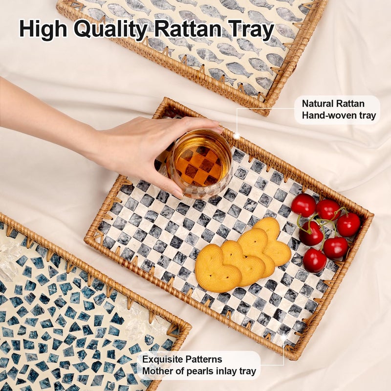 Tynulox Rectangle Rattan Tray with Mother of Pearl Inlay, Rattan Serving Tray with Handle for Coffee, Bread, Fruits, Snacks, Decorative Wicker Tray for Table Decor (Black Checkerboard, 13"Ã—9") - Image 4