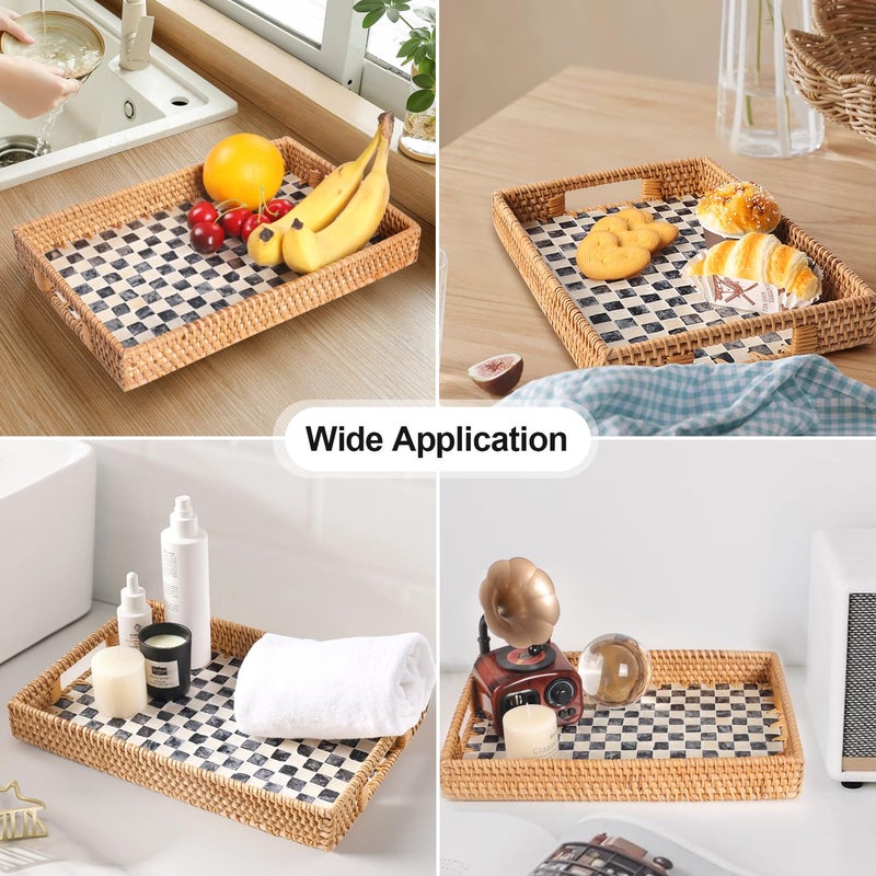 Tynulox Rectangle Rattan Tray with Mother of Pearl Inlay, Rattan Serving Tray with Handle for Coffee, Bread, Fruits, Snacks, Decorative Wicker Tray for Table Decor (Black Checkerboard, 13"Ã—9") - Image 3