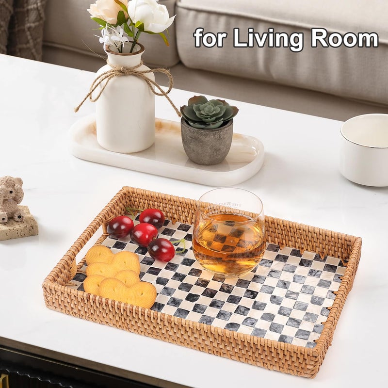 Tynulox Rectangle Rattan Tray with Mother of Pearl Inlay, Rattan Serving Tray with Handle for Coffee, Bread, Fruits, Snacks, Decorative Wicker Tray for Table Decor (Black Checkerboard, 13"Ã—9") - Image 5